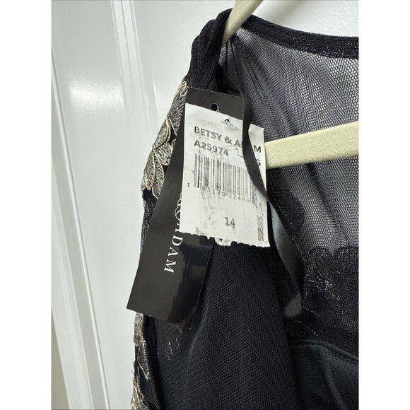 Betsy & Adam Size 14 Black Gold Floral-Embroidered Mesh 3/4-Sleeve Gown Dress - Picture 8 of 9